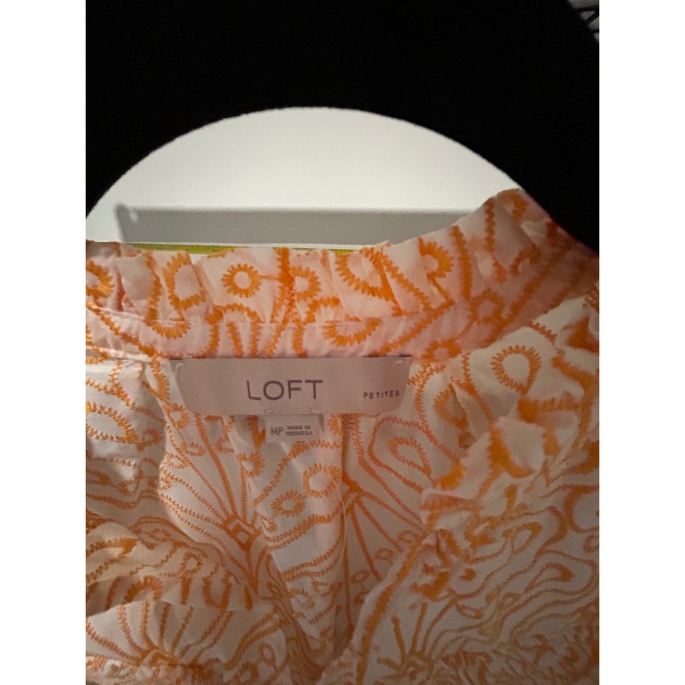 Loft Petites Orange Embroidered Ruffle Neck Cap Sleeve Blouse MP Cotton Boho - Picture 3 of 4